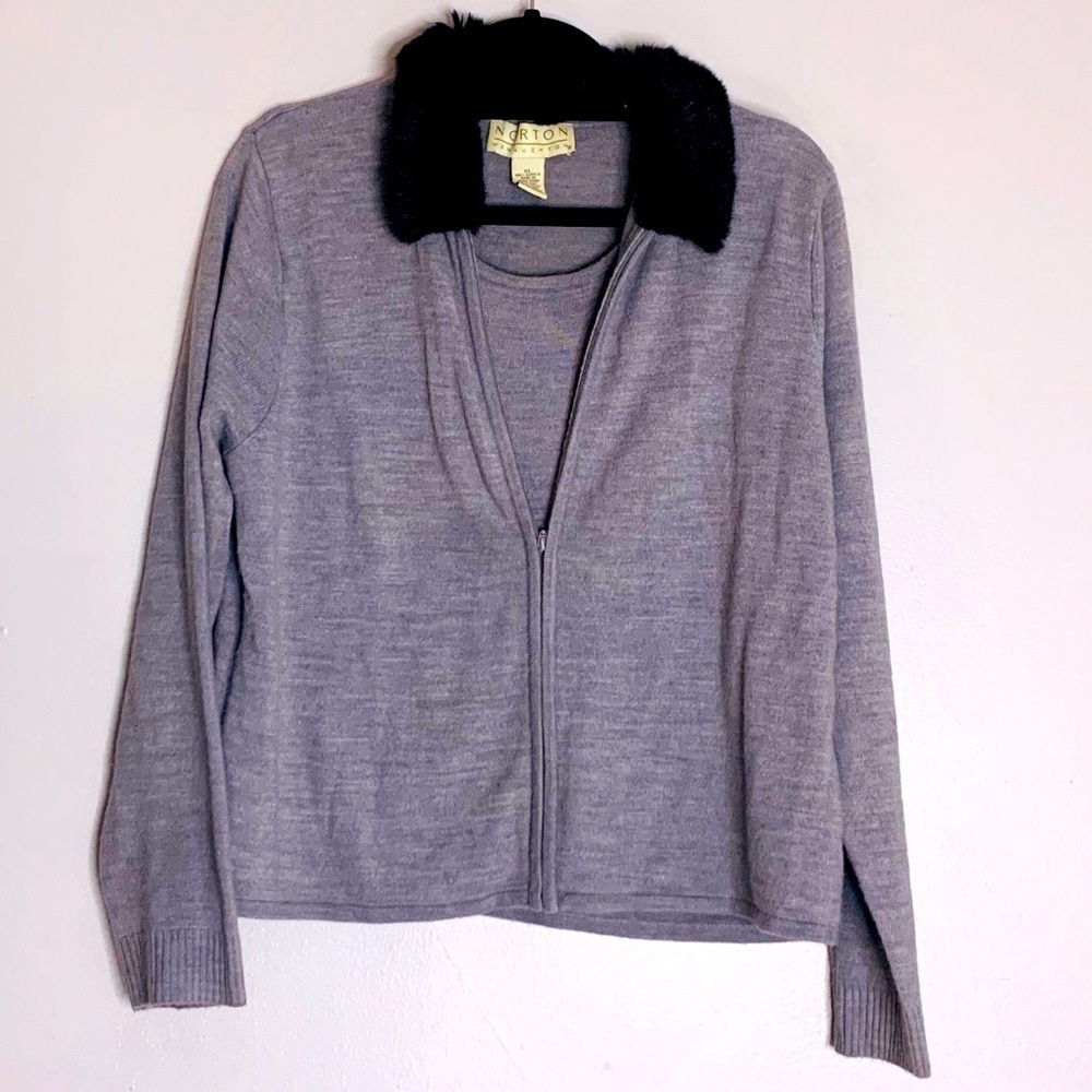 Norton McNaughton Cardigan Zip Faux Fur Collar long sleeve pullover sweater xl